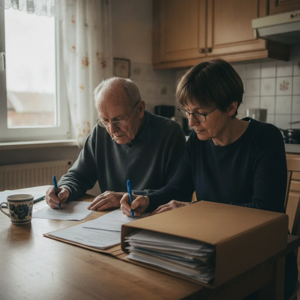 Senior und Angehörige füllen den Pflegekassen-Antrag aus